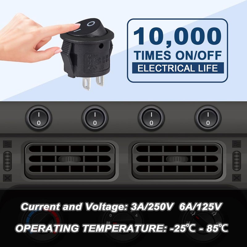 VEXUNGA Round Rocker Switch Black On Off 2 Pin Mini Round Toggle Switch 3A 250V 6A 125V 15MM Circle Switches for RV Car Truck Boat (Pack of 10pcs) - Image 4